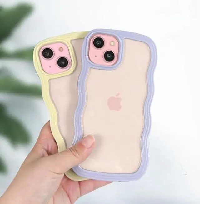 Alt view image 4 of 6 - Anuck for iPhone 15 Case Wavy Edge Clear Back Design, Anti-Slip Grip Cute Wave Curly Frame Shape Shockproof Soft TPU & Hard PC Bumper Protective Phone Case Cover for Women Girls, Purple