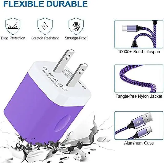 Alt view image 3 of 7 - Phone Charger Plug for Samsung Galaxy A32 5G A12 A14 A54 A53 S23 S22 S21 LG Stylo 6 5 V60 V50 Google Pixel 7a 7 Pro 6a, 2 Dual Wall Charger Block with Type C Nylon Braided Cords USB C Cable 3ft+6ft