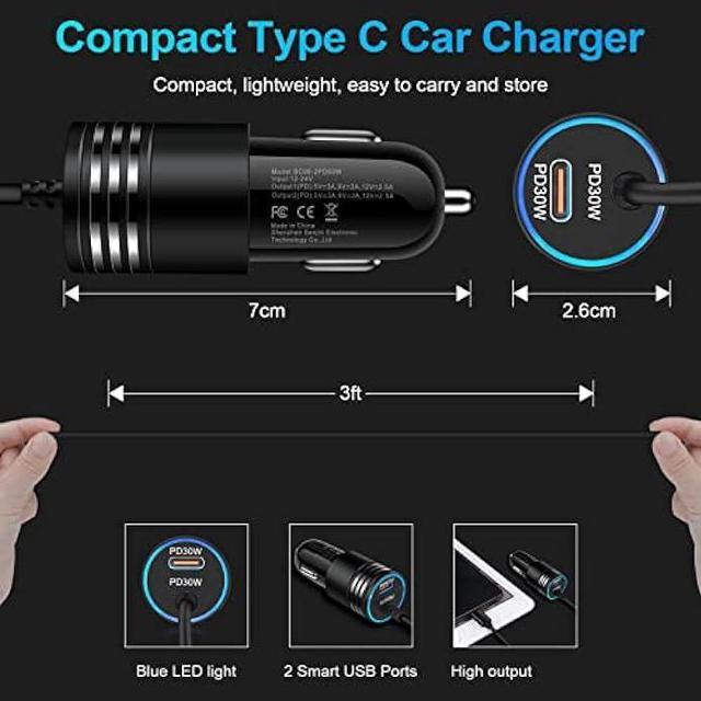 Alt view image 5 of 7 - Android USB C Samsung Super Fast Car Charger for Samsung Galaxy S23 Ultra/S23/A05S/A05/A14 5G/A54/S22/S21 fe/S20/A53 5G/A13/A03S/A32, 60W Fast Car Adapter with 30W Built-in Type C Fast Charging Cable