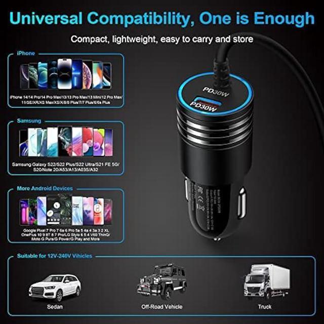 Alt view image 7 of 7 - Android USB C Samsung Super Fast Car Charger for Samsung Galaxy S23 Ultra/S23/A05S/A05/A14 5G/A54/S22/S21 fe/S20/A53 5G/A13/A03S/A32, 60W Fast Car Adapter with 30W Built-in Type C Fast Charging Cable