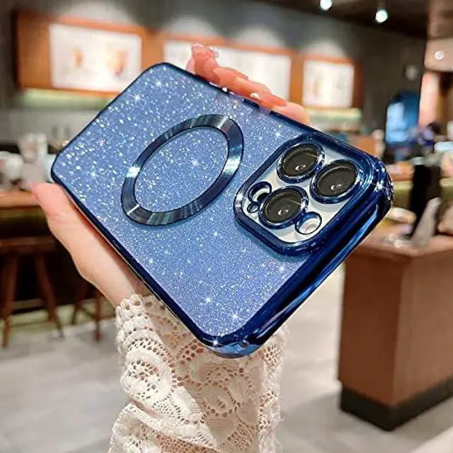 Alt view image 5 of 6 - MGQILING Compatible with iPhone 12 Pro Max Magnetic Glitter Case, Luxury Plating Cute Bling Clear Phone Case, Compatible with MagSafe for Women Girls with Camera Protector Back Cover - Blue
