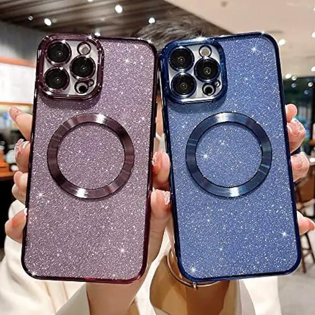 Alt view image 6 of 6 - MGQILING Compatible with iPhone 12 Pro Max Magnetic Glitter Case, Luxury Plating Cute Bling Clear Phone Case, Compatible with MagSafe for Women Girls with Camera Protector Back Cover - Blue
