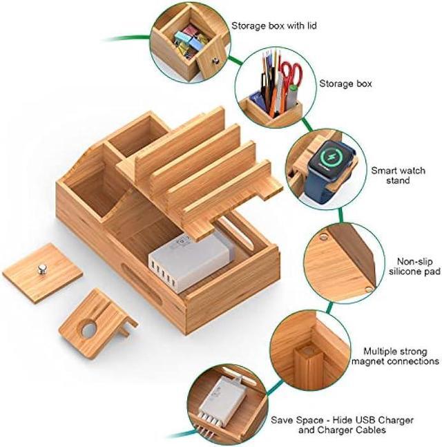 Alt view image 2 of 6 - Bamboo Charging Station for Multiple Devices with 5 Port USB Charger, 6 Charger Cables and Smart Watch Stand. Wood Desktop Dock Stations Electronic Organizer for Cell Phone, Tablet, Watch, Office