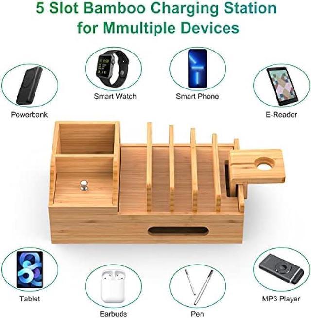 Alt view image 3 of 6 - Bamboo Charging Station for Multiple Devices with 5 Port USB Charger, 6 Charger Cables and Smart Watch Stand. Wood Desktop Dock Stations Electronic Organizer for Cell Phone, Tablet, Watch, Office