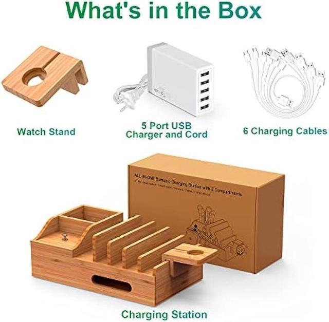 Alt view image 4 of 6 - Bamboo Charging Station for Multiple Devices with 5 Port USB Charger, 6 Charger Cables and Smart Watch Stand. Wood Desktop Dock Stations Electronic Organizer for Cell Phone, Tablet, Watch, Office