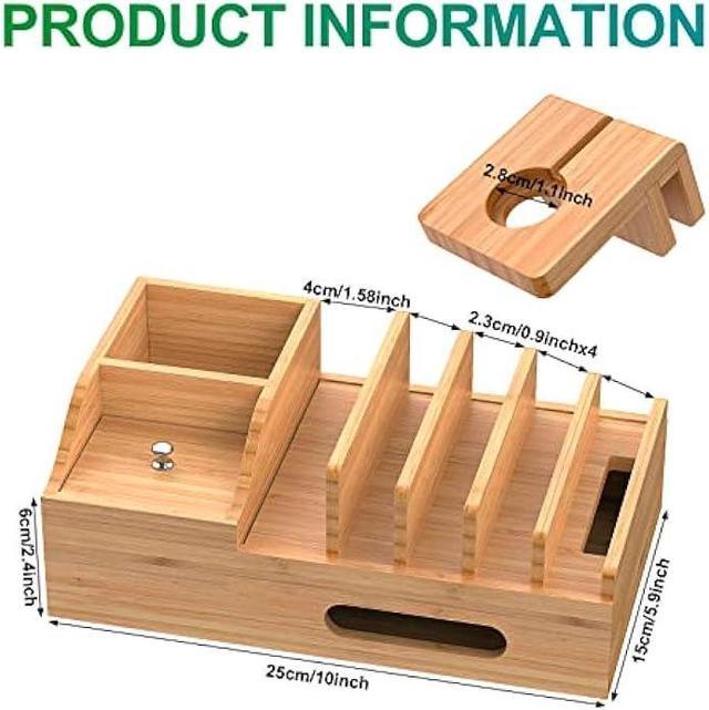Alt view image 5 of 6 - Bamboo Charging Station for Multiple Devices with 5 Port USB Charger, 6 Charger Cables and Smart Watch Stand. Wood Desktop Dock Stations Electronic Organizer for Cell Phone, Tablet, Watch, Office