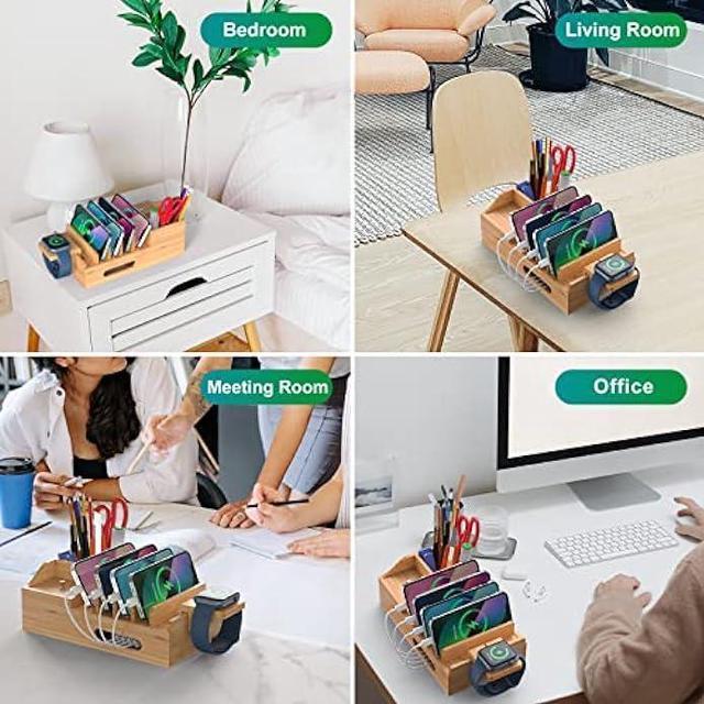 Alt view image 6 of 6 - Bamboo Charging Station for Multiple Devices with 5 Port USB Charger, 6 Charger Cables and Smart Watch Stand. Wood Desktop Dock Stations Electronic Organizer for Cell Phone, Tablet, Watch, Office