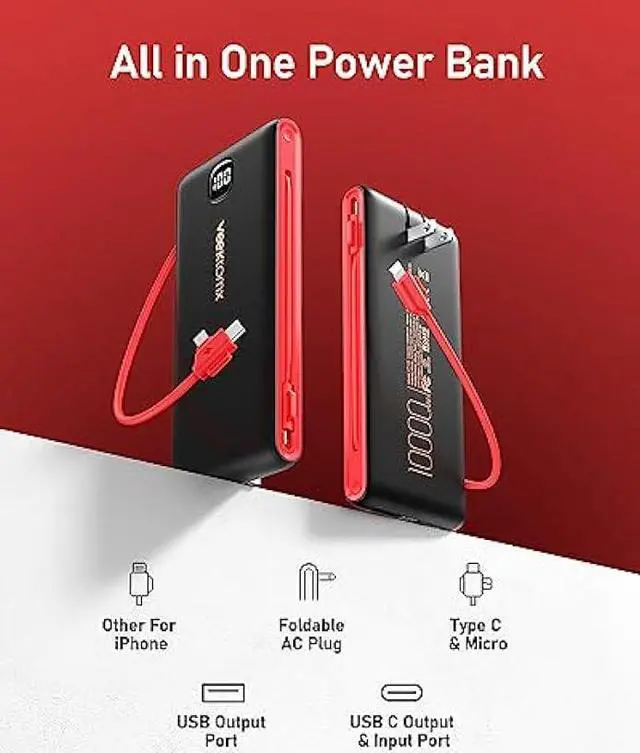 Alt view image 2 of 7 - VEEKTOMX Portabel Charger for iPhone, USB C Fast Charging Power Bank with Built in Wall Plug and Cables 10000mAh, Slim Battery Pack with LED Display Compatible with iPhone, Samsung, Pixel and More