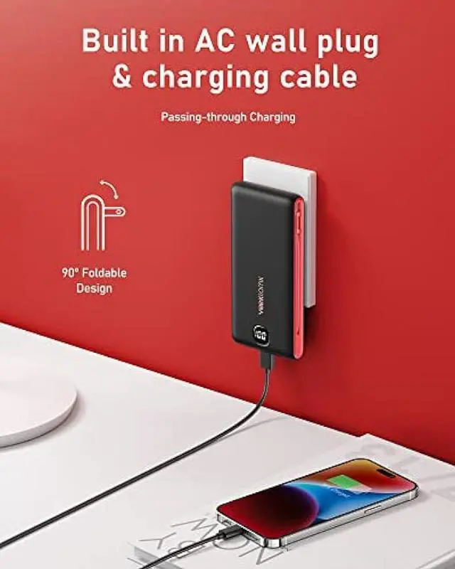 Alt view image 3 of 7 - VEEKTOMX Portabel Charger for iPhone, USB C Fast Charging Power Bank with Built in Wall Plug and Cables 10000mAh, Slim Battery Pack with LED Display Compatible with iPhone, Samsung, Pixel and More