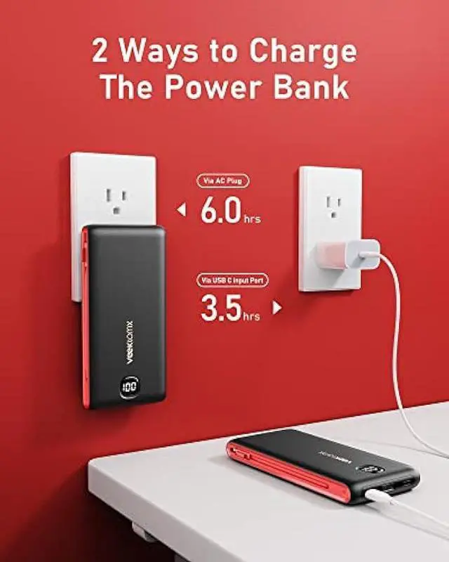 Alt view image 4 of 7 - VEEKTOMX Portabel Charger for iPhone, USB C Fast Charging Power Bank with Built in Wall Plug and Cables 10000mAh, Slim Battery Pack with LED Display Compatible with iPhone, Samsung, Pixel and More