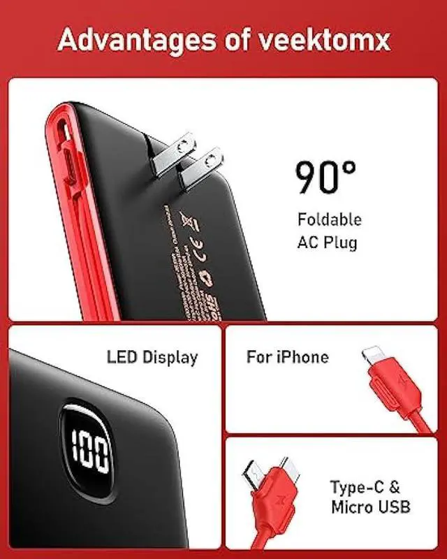 Alt view image 7 of 7 - VEEKTOMX Portabel Charger for iPhone, USB C Fast Charging Power Bank with Built in Wall Plug and Cables 10000mAh, Slim Battery Pack with LED Display Compatible with iPhone, Samsung, Pixel and More