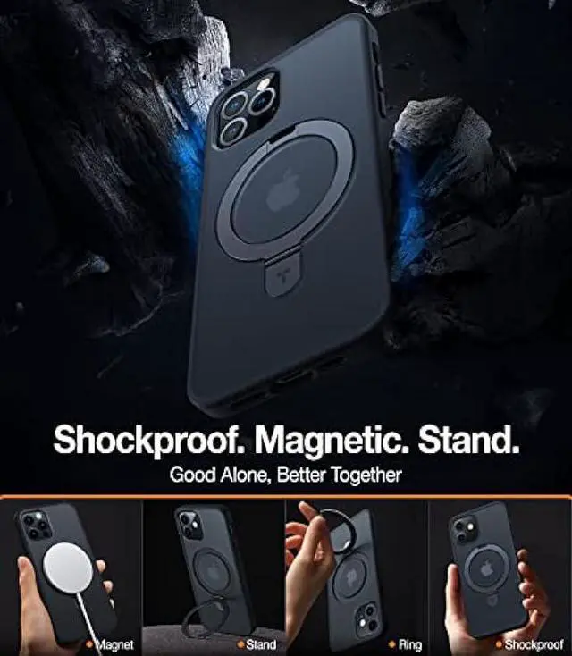 Alt view image 5 of 6 - TORRAS Magnetic UPRO Ostand Designed for iPhone 12 Case & iPhone 12 Pro Case, Compatible with Magsafe Ring Stand, Military Grade Drop Protection, Shockproof Hard Translucent Slim 12 Phone Case, Black