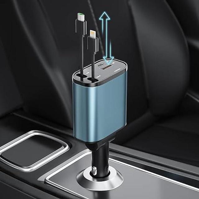 Retractable Car Charger, 4 in1 Fast Car Phone Charger 120W, 2.7Ft  Retractable Cables and 4 Electronic Ports, Car Charger Compatible for iOS &  Android Cell Phones All Device Charging 