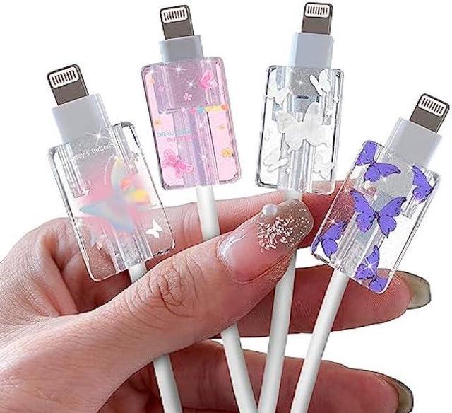 Glitter Cable Protector for iPhone Type-c Charger,Cute Bling Butterflies  Pattern 4 PCS Set Cable Phone Protector for Women Girls,Charging Cord  Protector,Cable Chomper,Cord Saver 