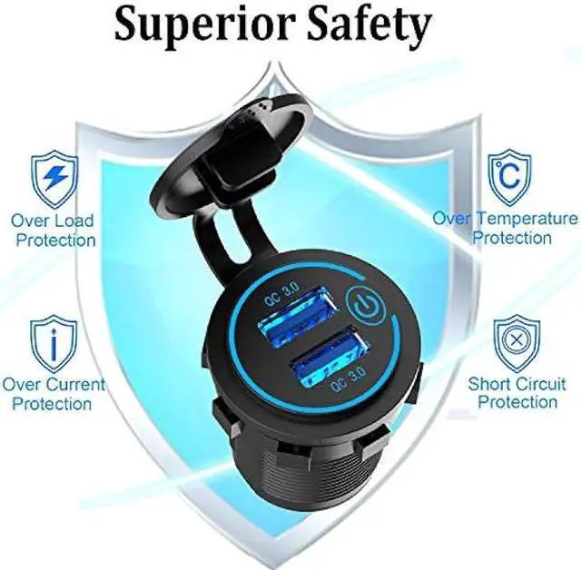 Alt view image 4 of 7 - [2 Pack] 12V USB Outlet, Quick Charge 3.0 Dual USB Power Outlet with Touch Switch, Waterproof 12V/24V Fast Charge USB Charger Socket DIY Kit for Car Boat Marine Bus Truck Golf Cart RV Motorcycle, etc.