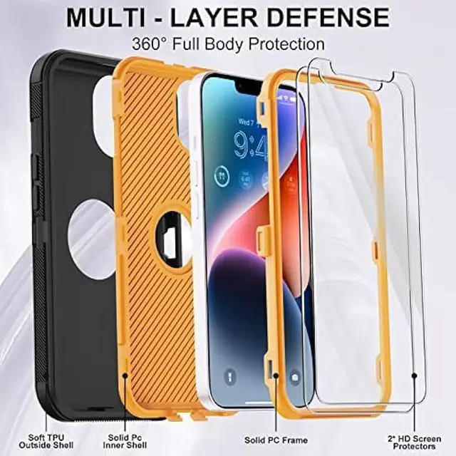Alt view image 2 of 7 - Annymall for iPhone 14 Case with 2 Screen Protector,Full Body Shockproof Drop Protection Dust Proof Heavy Duty 3-Layer Rugged Durable Military Grade Cover for Apple iPhone 14 6.1 (Black/Oranger)