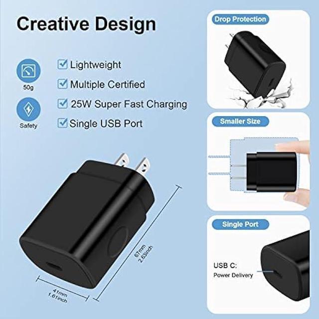 Alt view image 5 of 7 - 25W Super Fast Samsung A54 Type C Charger USB C Charging Block for Samsung Galaxy A53 A14 A13 5G S23 Ultra S22 S21 FE S20 A03S Z Flip 5 Fold 5,Wall Charger Plug Box+6FT C Andriod Phone Charger Cable