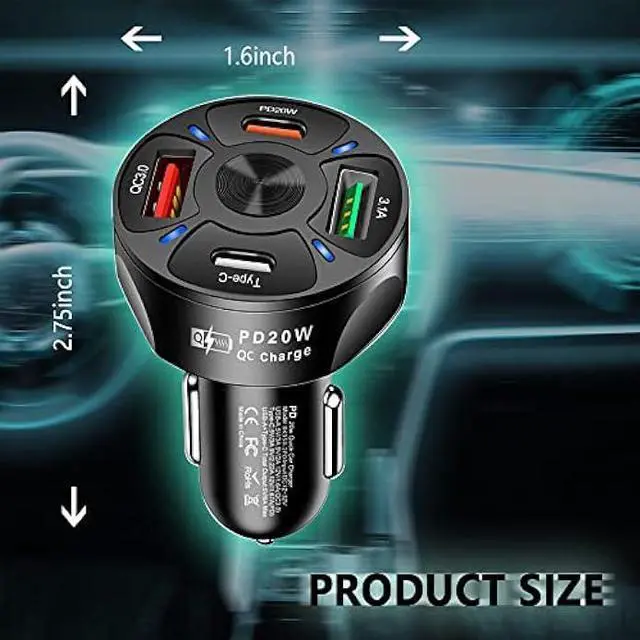 Alt view image 2 of 7 - 65W 4 Ports Car Fast Charging Charger Cigarette Lighter Adapter,with QC 3.0 15W&PD 20W&Type C Car Phone Charger for iPhone 14 13 12 Pro Max X Xs,S22 S21,iPad & Laptop (Black)