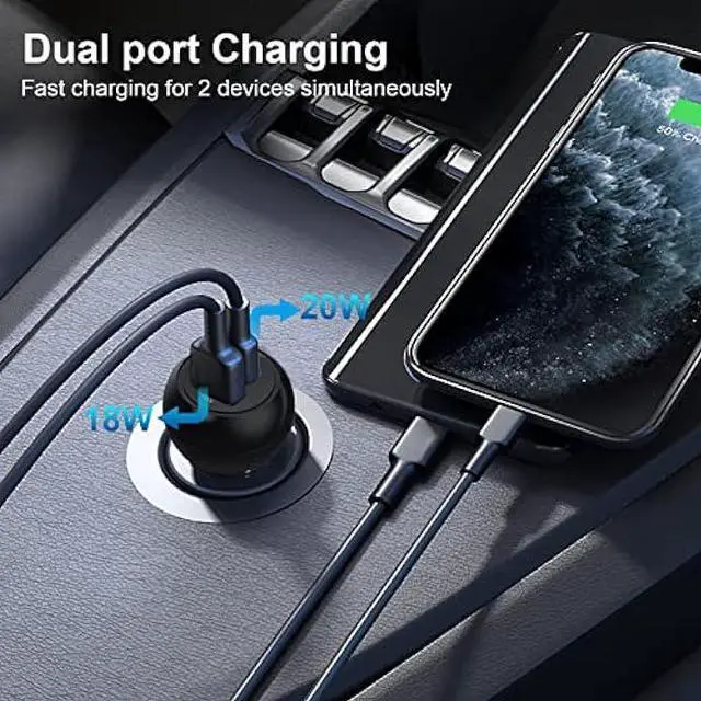 Alt view image 3 of 6 - USB C Car Charger Adapter, 12V Car Charger Multi Port, 38W 2 Port Car Charger, PD 20W& QC 18W Cigarette Lighter Adapter, USB C Car Plug Fast Charging iPhone 14/13/12, iPad Air/Pro, S20/S10, Note 21/20