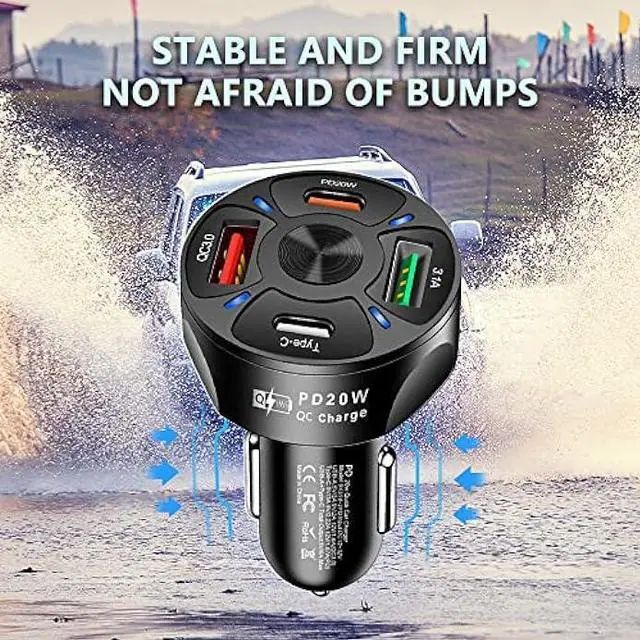 Alt view image 6 of 7 - 65W 4 Ports Car Fast Charging Charger Cigarette Lighter Adapter,with QC 3.0 15W&PD 20W&Type C Car Phone Charger for iPhone 14 13 12 Pro Max X Xs,S22 S21,iPad & Laptop (Black)