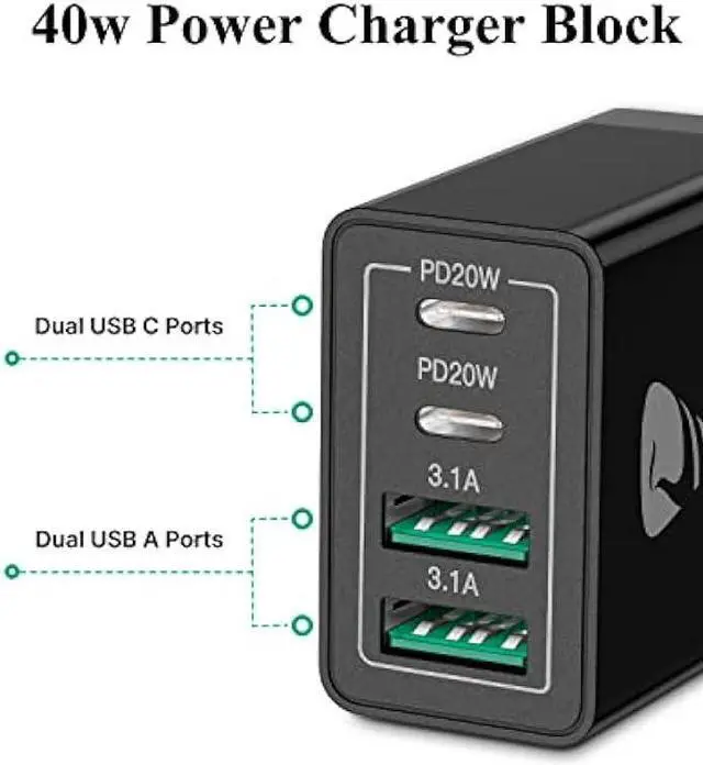Alt view image 2 of 6 - USB C Charger Block, 40W USB C Wall Charger PD+QC 3.0 Double Port Power Adapter, 4-Port Multiport Fast Charging Block Plug for iPhone 15 Plus 14 13 12 11 Pro Max XS XR X 8 7 6 SE, iPad, Samsung, Moto
