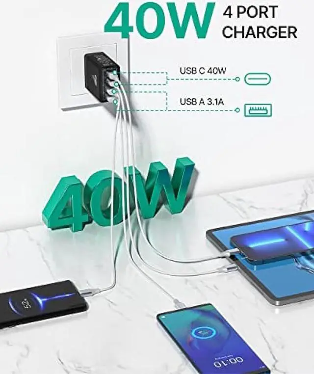 Alt view image 3 of 6 - USB C Charger Block, 40W USB C Wall Charger PD+QC 3.0 Double Port Power Adapter, 4-Port Multiport Fast Charging Block Plug for iPhone 15 Plus 14 13 12 11 Pro Max XS XR X 8 7 6 SE, iPad, Samsung, Moto