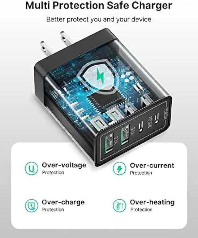 Alt view image 4 of 6 - USB C Charger Block, 40W USB C Wall Charger PD+QC 3.0 Double Port Power Adapter, 4-Port Multiport Fast Charging Block Plug for iPhone 15 Plus 14 13 12 11 Pro Max XS XR X 8 7 6 SE, iPad, Samsung, Moto