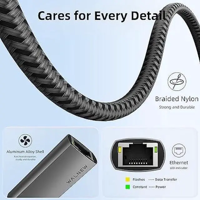 Alt view image 4 of 6 - WALNEW USB 3.0 Ethernet Adapter, 1000Mbps Gigabit USB LAN Network Adapter, USBA Male to RJ45 Female Cable Converter for Mac,MacBook Pro/Air,Surface Pro/Book/Go/Laptop,Chromebook,Dell XPS 15 13