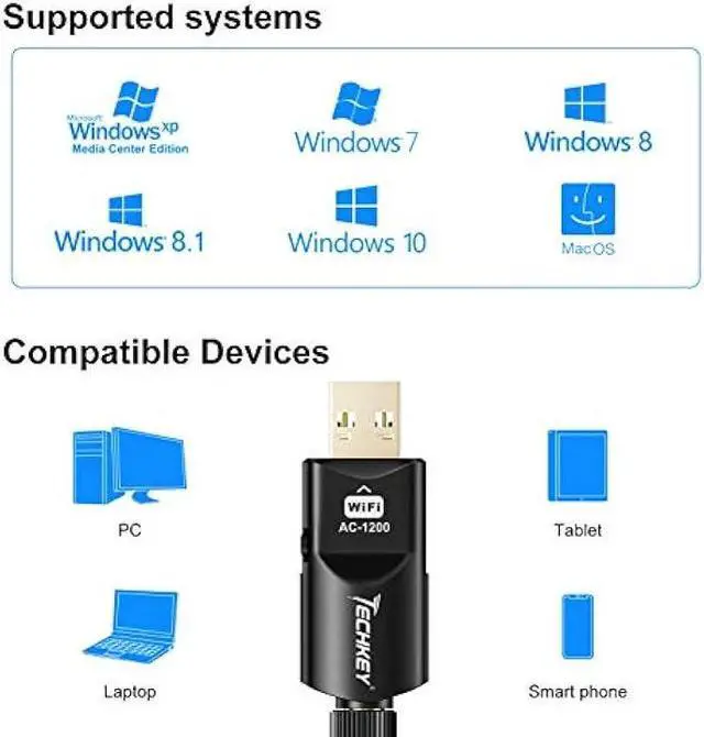 Alt view image 4 of 6 - USB WiFi Adapter 1200Mbps Techkey USB 3.0 WiFi Dongle 802.11 ac Wireless Network Adapter with Dual Band 2.42GHz/300Mbps 5.8GHz/866Mbps 5dBi High Gain Antenna for Desktop Windows XP/Vista / 7-10 Mac
