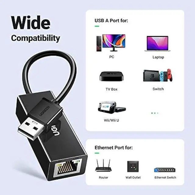 Alt view image 5 of 7 - UGREEN Ethernet Adapter USB to 10 100 Mbps Network Adapter RJ45 Wired LAN Adapter for Laptop PC Compatible with Nintendo Switch Wii Wii U MacBook Chromebook Surface Windows macOS Linux (Black)
