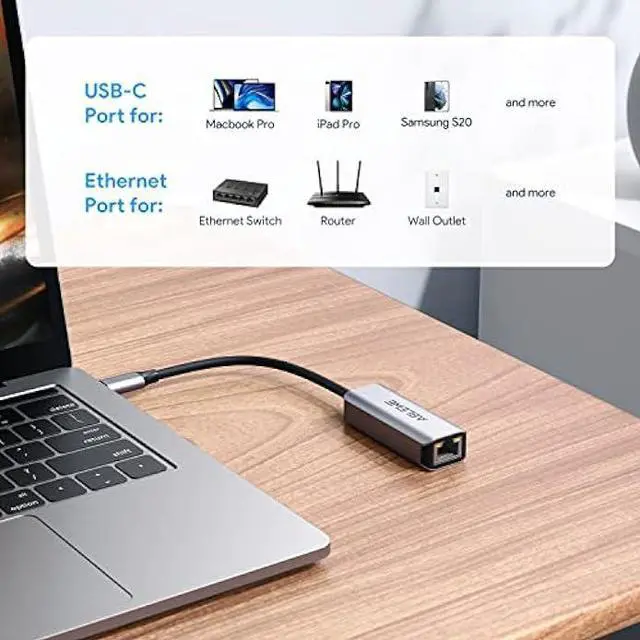 Alt view image 6 of 6 - USB C to Ethernet Adapter, ABLEWE Type-C to RJ45 Gigabit Ethernet Adapter, Thunderbolt 3 to RJ45 LAN Network Adapter Compatible for MacBook Pro 2017 and More, MacBook Air, Dell XPS, iPad Pro