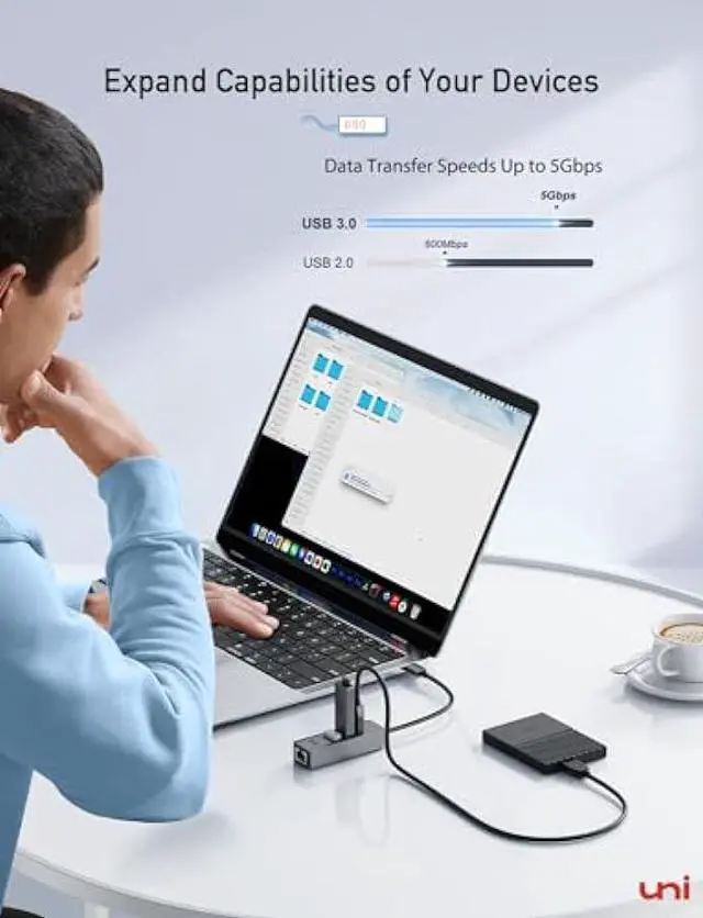 Alt view image 3 of 6 - uni USB C Ethernet Adapter, USB C HUB Ethernet 1Gbps with USB 3.0 [Driver Free] for Hard Drive Keyboard Mouse, Compatible with MacBook Pro/Air, iPad Pro/Air, iMac, Chromebook, Galaxy, XPS etc