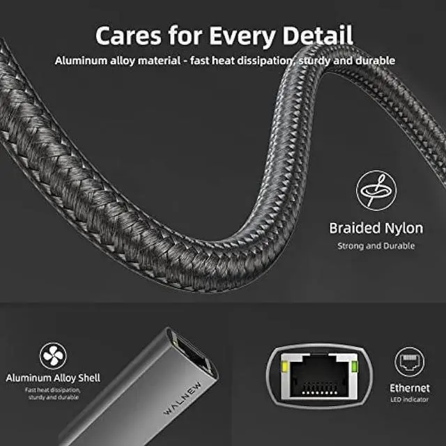 Alt view image 5 of 6 - USB-C to Ethernet Adapter, WALNEW USBC to RJ45 Lan Adapter, Gigabit Cat Network Cable Converter to Type C Thunderbolt 3 for Mac,MacBook Pro/Air,iPad 10th,Dell XPS,Chromebook,Surface,Samsung Galaxy Tab