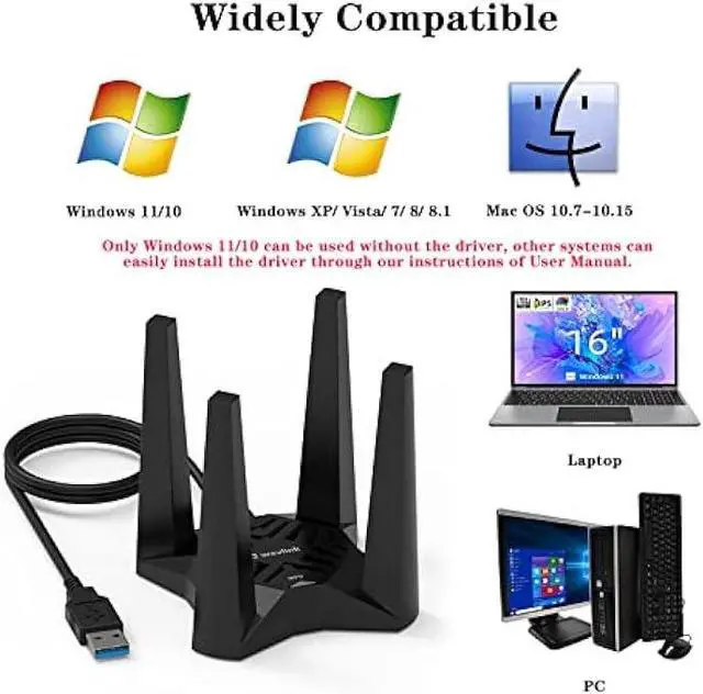 Alt view image 3 of 6 - USB WiFi Adapter for Desktop PC, AC1900 WiFi Adapter Dual Band Wireless Network Adapter with 2.4GHz/5GHz High Gain Antennas, MU-MIMO, Supports Windows 11/10/8.1/8/7, XP, Mac OS 10.7-10.15