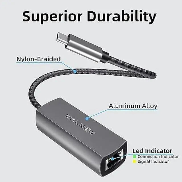 Alt view image 4 of 6 - WALNEW USB-C 2.5gb Ethernet Adapter, USBC to RJ45 LAN Connector,2.5 Gigabit Network Cable Converter Thunderbolt 3 for NAS Server,Mac,iMac,MacBook,iPad Pro Air,Dell XPS 17 15,Surface Laptop,Chromebook
