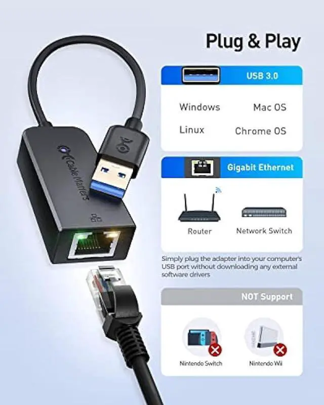 Alt view image 3 of 6 - Cable Matters Plug & Play USB to Ethernet Adapter with PXE, MAC Address Clone Support (USB3.0 to Gigabit Network, Ethernet to USB Adapter for Laptop) Supporting 10/100/1000Mbps
