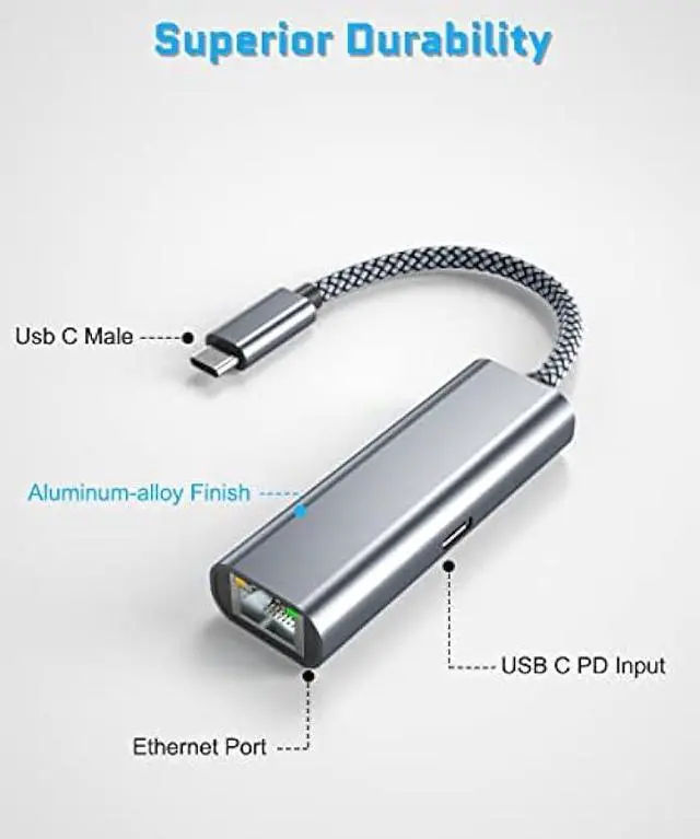 Alt view image 2 of 7 - USB-C Gigabit Ethernet Adapter with Charging Port,Thunderbolt 3 to RJ45 Network Socket with Type-C PD 60W Power Delivery for Chromecast Google TV,MacBook,Mac,iPhone 15,iPad 10 Air 4 5,Dell,Chromebook