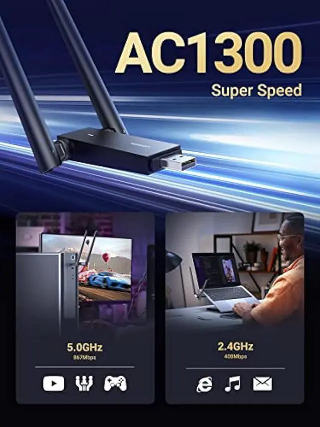 Alt view image 2 of 6 - UGREEN USB WiFi Adapter, WiFi Adapter with AC1300 5dBi High Gain Dual Antennas, 5G/2.4G Dual Band, 164ft Wide Range, USB 3.0 WiFi Adapter for Desktop PC Laptop, Support Windows 11/10/8.1/8/7