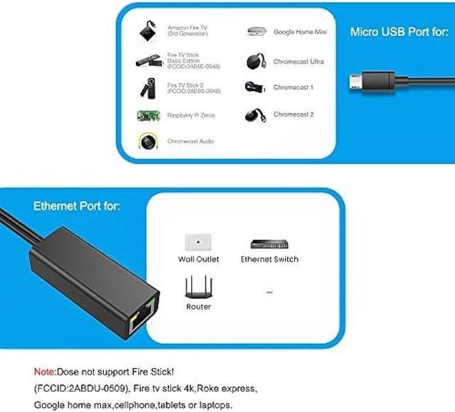 Ethernet Adapter for Fire TV Stick Google Home Mini Chromecast and More  Streaming TV Sticks 10/100Mbps Network Micro USB (A) to RJ45 Ethernet  Adapter with USB Power Supply Cable 3.3ft (Gray)