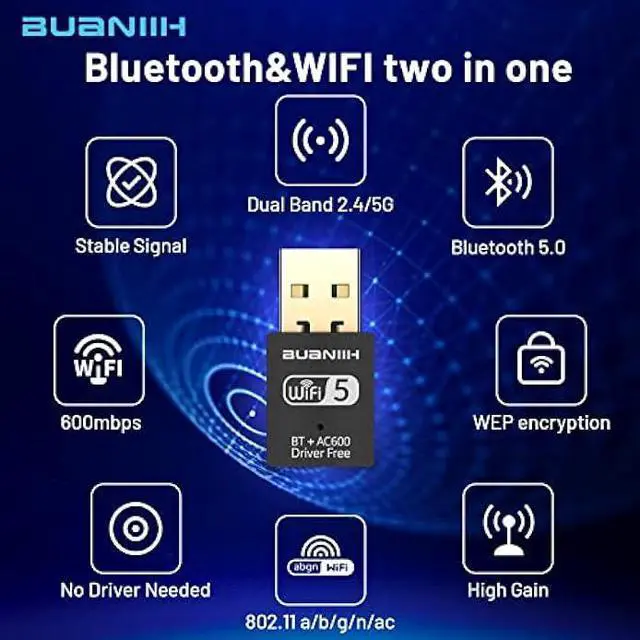 Alt view image 2 of 7 - WiFi USB,USB Wireless,WiFi Bluetooth USB,USB WiFi Adapter,Bluetooth WiFi 2in1,600Mbps 2.4/5.8Ghz Dual Band Wireless Network,Plug and Play, for PC/Laptop/Desktop,Support Win7/8/8.1/10/Win 11