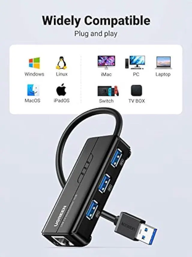 Alt view image 4 of 5 - UGREEN USB 3.0 Hub Ethernet Adapter 10 100 1000 Gigabit Network Converter with 3 USB 3.0 Ports Hub Compatible with Laptop PC Nintendo Switch MacBook Mac Mini Surface XPS Windows Linux macOS, and More