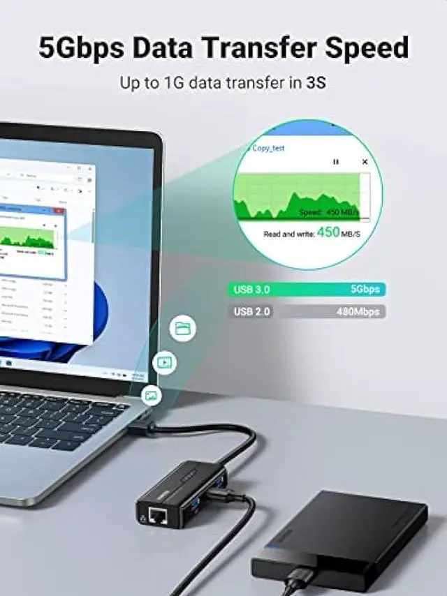 Alt view image 5 of 5 - UGREEN USB 3.0 Hub Ethernet Adapter 10 100 1000 Gigabit Network Converter with 3 USB 3.0 Ports Hub Compatible with Laptop PC Nintendo Switch MacBook Mac Mini Surface XPS Windows Linux macOS, and More