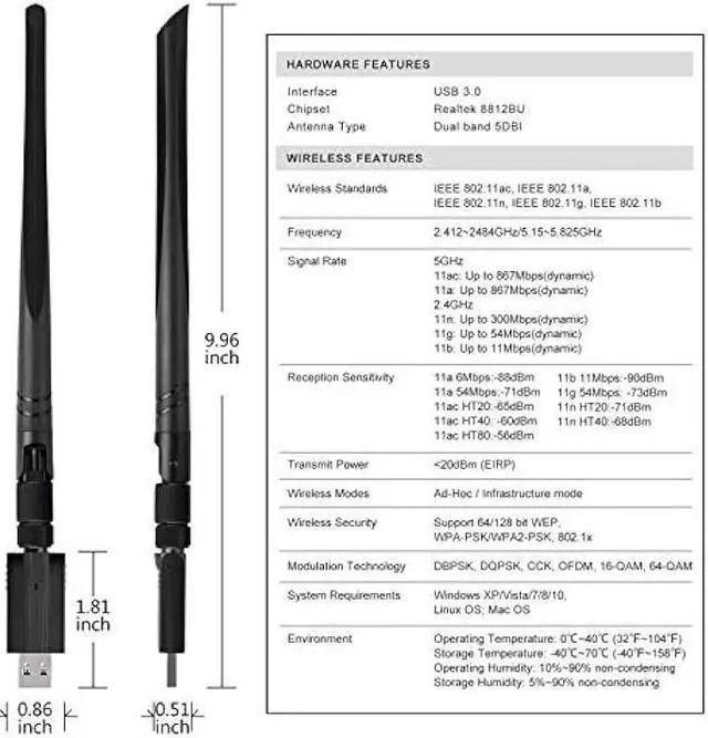 Alt view image 5 of 7 - USB WiFi Adapter  1200M WiFi Dongle High Speed 802.11ac 5dBi Dual Band 2.4/5GHz Wireless Network Adapter for PC/Desktop/Tablet/Laptop, Compatible with Windows, Mac OS X