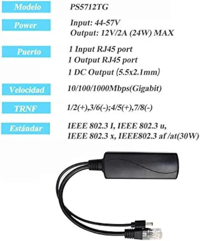 Alt view image 4 of 6 - REVODATA Gigabit PoE Splitter 12V 2A Output with IEEE 802.3af/at Standard Compliant 10,100,1000Mbps Power Over Ethernet Splitter Adapter for Security Camera CCTV Surveillance 5.5x2.1mm DC PlugPS5712TG