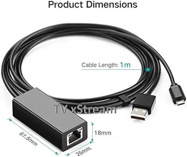 Alt view image 2 of 6 - USB Ethernet Adapter (Black) for Firesticks (Gen 2 and 4K Versions) Chromecast with Micro not Type C Connection, USB to RJ45 Ethernet Adapter USB Power Supply Cable, speeds up to 100Mbps