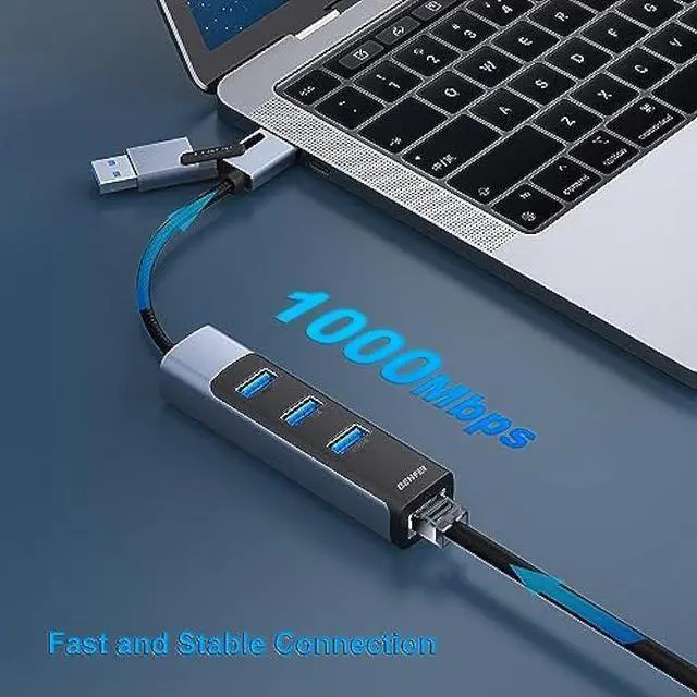 Alt view image 3 of 6 - BENFEI 2in1 USB-C/USB 3.0 to Ethernet Adapter with 3*USB 3.0 Ports Compatible for MacBook Pro/Air 2023/2022/2021/2020/2019 and More