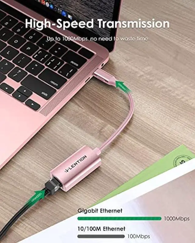 Alt view image 3 of 6 - LENTION USB C to Ethernet Adapter, RJ45 to Type C Gigabit Network 1000M Wired LAN Converter Compatible 2023-2016 MacBook Pro 13/15/16, New iPad Pro/Mac Air/Surface, Chromebook, More (CU604, Rose Gold)
