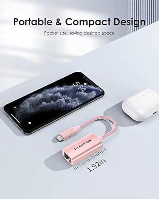 Alt view image 4 of 6 - LENTION USB C to Ethernet Adapter, RJ45 to Type C Gigabit Network 1000M Wired LAN Converter Compatible 2023-2016 MacBook Pro 13/15/16, New iPad Pro/Mac Air/Surface, Chromebook, More (CU604, Rose Gold)