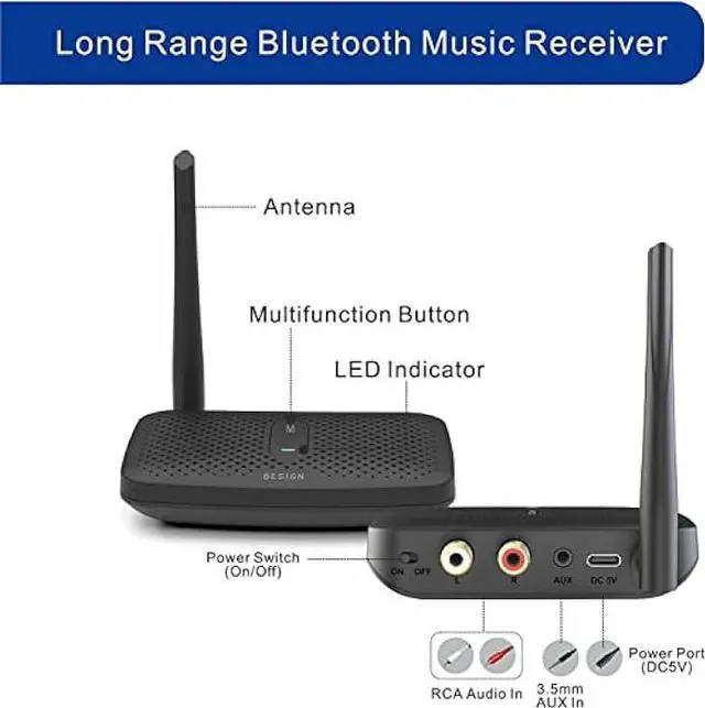 Alt view image 2 of 7 - Besign BE-RCA Pro Long Range Bluetooth Adapter for Bluetooth Music Streaming, Black