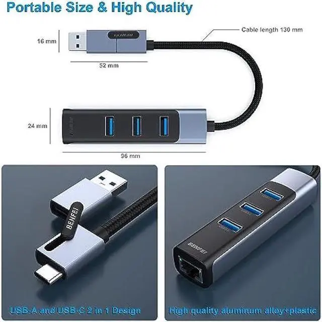 Alt view image 6 of 6 - BENFEI 2in1 USB-C/USB 3.0 to Ethernet Adapter with 3*USB 3.0 Ports Compatible for MacBook Pro/Air 2023/2022/2021/2020/2019 and More